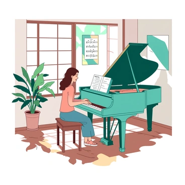 A teal grand piano sits in a sunlit music room with large windows letting in bright, warm light. In front of the piano, a young woman named "Sarah" is sitting on a wooden bench, her fingers poised over the keys as she plays. The walls of the room are adorned with framed sheet music and music-related art. Sunlight casts soft shadows across the polished wooden floor, creating a peaceful atmosphere. A small, potted plant is placed next to the piano, adding a touch of greenery to the scene.