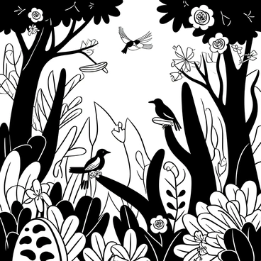 A dense rainforest filled with tall trees and thick foliage. Numerous exotic flowers with unique shapes and patterns grow among the greenery. Several colorful birds are perched on branches, some in mid-flight, displaying their vibrant plumage. Leaves and vines intertwine throughout the scene, creating a rich and detailed environment. Light filters through the canopy, casting intricate shadows on the forest floor.