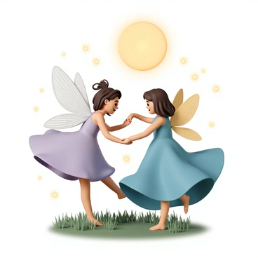 Two tooth fairies, one with long, shimmering silver wings and a flowing lavender dress, and the other with delicate golden wings wearing a bright blue gown, are dancing gracefully together. The scene is illuminated by a large, glowing full moon overhead, casting soft light onto the grass below. Tiny, glowing fireflies flit around them, creating a magical atmosphere as they twirl and spin in harmony. The fairies have joyful expressions, and their hair flows elegantly in the gentle night breeze.