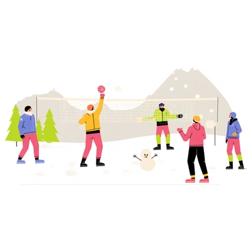 A snowy field covered in a thick layer of white snow serves as the backdrop for a volleyball game. Two teams of players, dressed in colorful winter gear including puffy jackets, hats, and gloves, are actively engaged in the game. One player jumps high to hit a bright red volleyball over a net made of thick rope. Snowflakes gently fall from the gray sky, adding to the winter atmosphere. Nearby, a small snowman with a carrot nose and stick arms watches the game, while scattered pine trees decorate the landscape in the background.