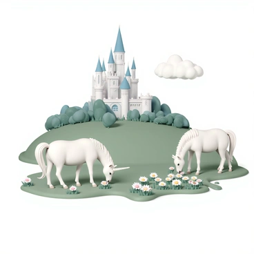 A large, majestic castle with tall spires and intricate stonework sits prominently in the background. The castle is surrounded by lush, green gardens filled with blooming flowers in various colors. In the foreground, several unicorns with shimmering white coats and long, spiraled horns are grazing peacefully on the grass. One unicorn is bending down to nibble on a patch of vibrant daisies, while another stands gracefully, its mane flowing in the gentle breeze. The sky above is clear with a few fluffy clouds drifting by.