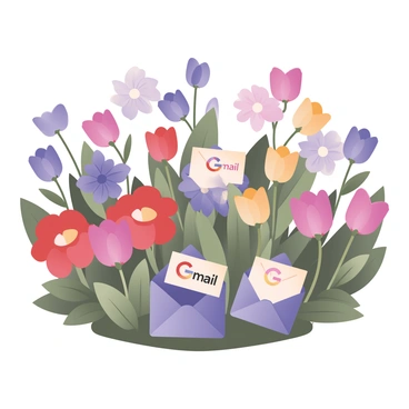 A digital flat illustration of a vibrant garden filled with a variety of blooming flowers, each transforming into colorful "Gmail" envelopes. The flowers are in different shapes and sizes, showcasing a rich palette of colors including red, blue, yellow, and green. The garden has lush green leaves and a bright blue sky above. In the foreground, several flowers are in full bloom, with their petals elegantly curling to reveal the envelopes. The scene conveys a sense of whimsy and creativity, with the envelopes gently floating amidst the flowers.