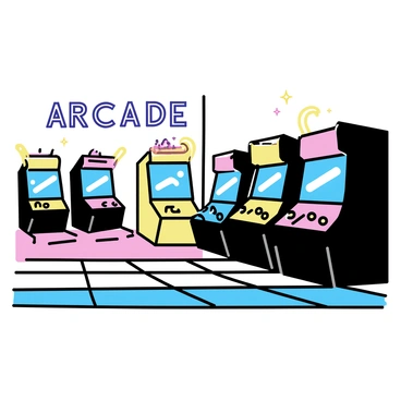 A minimalistic drawing of an arcade filled with vintage game machines. The arcade is illuminated by colorful lights emanating from the screens and buttons of the machines. There are several game machines, each displaying bright, pixelated graphics. A tall, neon sign reading "ARCADE" towers above the machines. The floor is covered with geometric patterns, reflecting the vibrant colors in the scene.