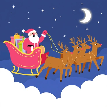 Santa Claus flying across the night sky in his sleigh, which is a vibrant red with golden trim. The sleigh is filled with colorful wrapped presents. Eight reindeer, with shiny brown fur and bright red noses, are energetically pulling the sleigh, their antlers silhouetted against the moonlight. The night sky is a deep blue sprinkled with twinkling stars, creating a magical atmosphere. Fluffy white clouds drift nearby, adding to the enchanting scene.