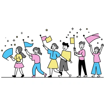 A vibrant carnival parade, with several participants dressed in colorful costumes. They are walking in a line, joyfully carrying large flags that display various bright patterns and colors. Some participants are waving bunting in the air, adding to the festive atmosphere. The scene is filled with happiness, showcasing a lively crowd enjoying the celebration.