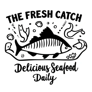 A vintage advertisement featuring the words "The Fresh Catch" prominently displayed at the top. Below, a large, illustrated fish, such as a cod, is centered in the design. Surrounding the fish are smaller images of various species, including shrimp and crabs, arranged in a decorative pattern. The background features stylized waves and seashells, enhancing the seafood theme. In the lower section, the text "Delicious Seafood Daily" is written in an elegant font, complementing the overall design.