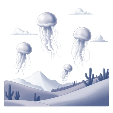 A fantasy landscape featuring a vast, open sky. In the foreground, several large jellyfish are suspended in the air, resembling balloons. Their delicate tentacles drape gracefully downward, creating a flowing effect. The background includes rolling hills adorned with exotic plants, their shapes varied and unique. A distant mountain range provides depth to the scene, with peaks that rise dramatically against the sky. Soft, billowy clouds drift lazily, adding a whimsical touch to the atmosphere. The overall composition captures a dreamlike quality, with jellyfish weaving casually among the clouds.
