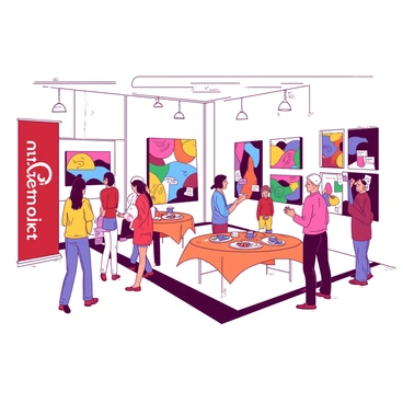 A vibrant community center is filled with colorful abstract paintings displayed on white walls. Various local artists' works are showcased, with labels next to each piece describing the artist and the title of the artwork. In one corner, a tall red banner features the logo of a corporate sponsor, promoting their support for the arts. People of different ages are walking around, some stopping to discuss the artwork with one another. Small round tables with orange tablecloths are set up, where refreshments are offered to attendees. Natural light streams through large windows, illuminating the space.