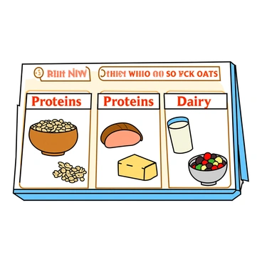 A flashcard with a colorful border designed for educational purposes. In the center, there are three distinct sections, each labeled with a title in bold font. The first section shows a variety of grains, including a bowl of brown rice, a slice of whole wheat bread, and a handful of oats. The second section features proteins, illustrated with a grilled chicken breast, a piece of salmon, and a handful of black beans. The third section showcases dairy products, including a glass of milk, a block of cheese, and a bowl of yogurt topped with fruit. Each food item is clearly depicted, making it visually engaging and informative.