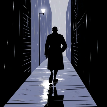 A lone figure wearing a dark trench coat walks down a narrow, rain-soaked alley. The ground is shiny with puddles reflecting the light from flickering street lamps. Dark brick walls line the alley, and the air is filled with falling raindrops, creating a misty atmosphere. The figure's silhouette is partially obscured by the rain and shadows, adding a sense of mystery to the scene. Each step they take causes small splashes on the wet pavement.