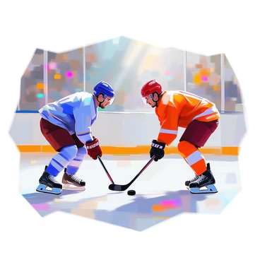 Two hockey players with distinct jerseys, one in blue and the other in red, are facing off in a tense moment on the ice rink. The player in blue, with a determined expression, is crouched low, holding his stick poised for the puck. The player in red, with sweat glistening on his forehead, stands ready with his stick tilted slightly forward. Surrounding them is a blur of bright arena lights reflecting off the ice, and a crowd in the background, their excitement palpable. The puck lies in between them, just waiting to be contested.