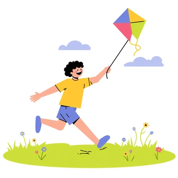 A child with curly hair wearing a bright yellow t-shirt and blue shorts is joyfully flying a multicolored kite in a large open field. The kite has a triangular shape with bold red, blue, and green patterns. The field is filled with lush green grass, and a few wildflowers in various colors are scattered throughout. In the background, there are a few fluffy white clouds in a blue sky, creating a clear and sunny day atmosphere. The child is running with arms outstretched, smiling widely as the kite dances in the breeze.