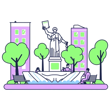 A fountain is placed at the center of a bustling city square. The fountain features a large statue of a figure holding a scroll, prominently labeled "Integrity." Water flows gracefully from the statue's outstretched hand, creating a sparkling cascade that fills the surrounding basin. Around the fountain, there are several benches where people are seated, enjoying the ambiance. Trees line the edges of the square, their leaves rustling gently in the breeze. In the background, there are tall buildings with windows reflecting the sunlight, giving the scene a lively urban atmosphere.