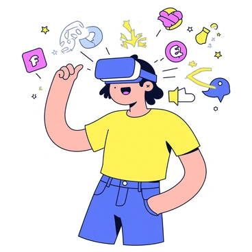 A person with short black hair is wearing a VR headset, fully immersed in a vibrant and colorful fantastical social media world. The background features floating icons and symbols representing various social media platforms, each illustrated in bright colors. Around the person's head are dynamic visual effects, such as swirling lines and sparkles, illustrating their engagement with the virtual environment. The person's outfit is casual, consisting of a simple t-shirt and jeans. Their expression is one of excitement and wonder as they interact with the digital elements.