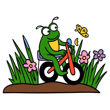 A frog with bright green skin and large bulging eyes is joyfully riding a miniature bicycle. The bicycle is colorful with red and blue accents. The frog is positioned upright on the seat, with its legs pedaling energetically. Surrounding the bicycle is a vibrant garden path lined with colorful flowers in shades of pink, yellow, and purple. Tall green grass sways gently on either side of the path, and a few butterflies can be seen fluttering nearby. The scene conveys a sense of fun and adventure.