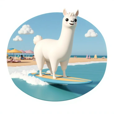 An alpaca, with fluffy white fur and a playful expression, is riding a wave on a colorful surfboard. The surfboard is bright blue with yellow and orange stripes. The ocean is a vivid turquoise color, with white foam splashing around the board as the wave curls. In the background, a sunny beach is filled with vibrant umbrellas and sunbathers enjoying the day. The sky is clear and blue, dotted with a few fluffy clouds. The alpaca is balancing confidently on the surfboard, looking excited as it catches the wave.