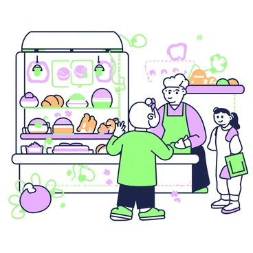 Babar is standing in a charming bakery filled with an array of delightful pastries. He is examining a display case that showcases various baked goods, including croissants, éclairs, and colorful macarons. The bakery is adorned with decorative elements, such as hanging lights and floral arrangements. Behind the display, a baker is working, wearing an apron and a chef's hat, while arranging fresh bread on a shelf. The atmosphere is busy yet inviting, as customers browse the offerings and chat quietly. Babar looks pleased as he deliberates over his options.