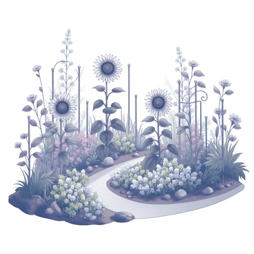 A garden filled with a variety of plants, each showcasing unique shapes and textures. Lush, leafy greenery dominates the scene, and flowers of various sizes bloom abundantly throughout the garden. Tall sunflowers stand proudly, their faces turned towards an unseen light source. Delicate vines curl around wrought iron trellises, while colorful blossoms add interest and depth to the landscape. The ground is adorned with a mix of stones and soil, creating a natural pathway that winds through the garden, inviting exploration.