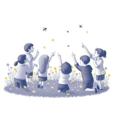 A group of children is gathered in a vibrant field filled with numerous wildflowers. They are observing with fascination as several bees are flying and dancing over the flowers. The children are diverse in appearance, with varying hairstyles and clothing, all appearing curious and joyful. Some of them are kneeling or sitting in the grass, while others stand with their arms raised, pointing towards the bees. The wildflowers are abundant, showcasing distinct shapes and sizes, creating a lively and dynamic atmosphere in the scene.