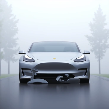 A Tesla car in an accident on a foggy morning, with limited visibility