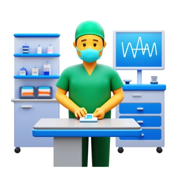 A doctor wearing green scrubs and a surgical mask stands in a sterile operating room, surrounded by medical equipment. The doctor is carefully preparing a bone marrow transplant kit on a stainless steel table. In the background, there are shelves filled with medical supplies and a large monitor displaying vital signs. The atmosphere is calm and focused, and the doctor has a look of concentration on their face as they check the contents of the kit.