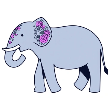 An elephant with a large body and gray skin stands prominently. Its trunk is intricately adorned with vibrant mehendi designs featuring swirling patterns and floral motifs. The ears of the elephant also showcase similar rich mehendi artwork, with detailed lines and shapes. The background is filled with a simple, unobtrusive color to highlight the elephant's decorated features.
