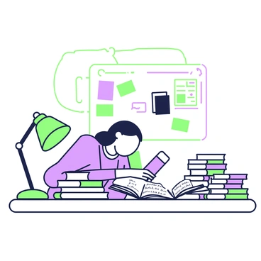 A student is sitting at a large wooden table, intently studying a pile of notes and opened books spread around her. She has long hair tied back and is wearing a blue shirt. In front of her, there are various textbooks, each with visible titles related to her research. A notebook filled with handwritten notes lies open beside a stack of reference books. A green lamp provides light, casting a soft glow over the workspace. Nearby, a corkboard is pinned with colorful notes and photographs that outline her project.