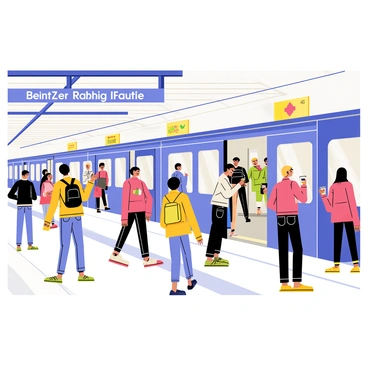 A bustling Berlin subway station with a wide platform filled with passengers. Several people are standing close to the edge, waiting for the train, while others are boarding the train. The train is an electric blue color with silver accents and doors open wide to allow passengers to enter. Above, the station signs display the subway line names in bold letters. There are advertisements on the walls showcasing various products. Some people are carrying backpacks, while others hold coffee cups. The atmosphere is lively with a sense of movement as commuters rush to their destinations.