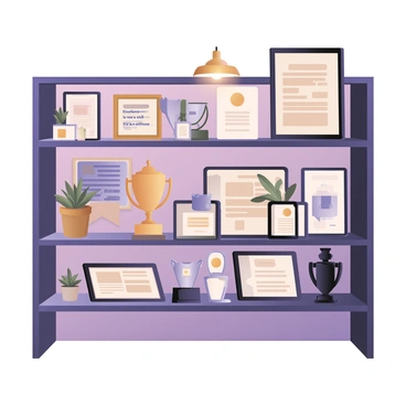 A digital flat illustration featuring a large shelf in an agency office. The shelf is made of dark wood and is filled with various awards and certificates. The certificates are framed in sleek black frames, displaying gold and silver seals, while the awards include a variety of trophies, some with shiny surfaces and others with matte finishes. There are small decorative plants placed on the shelf, adding a touch of green. The background shows a glimpse of an office wall that includes a motivational poster with the quote "Excellence is not a skill, it's an attitude" in bold letters. A warm desk lamp sits on the shelf, casting a soft light on the awards.