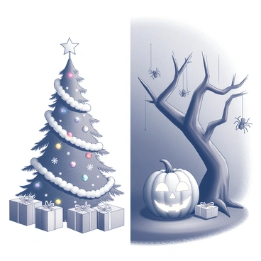 A festive scene split down the middle. On the left side, there is a decorated Christmas tree adorned with "twinkling lights" and "ornaments." Beneath the tree, there are wrapped gifts with colorful bows. Surrounding the tree, there are "snowflakes" and "evergreen garlands" draping from the edges. On the right side, there is a large jack-o'-lantern with an illuminated face placed in front of a spooky tree, which has twisted branches. "Cobwebs" stretch between the branches, and there are "hanging skeletons" and "spider decorations" scattered around. The background shifts from a winter wonderland to a dark, eerie atmosphere as it moves from left to right.