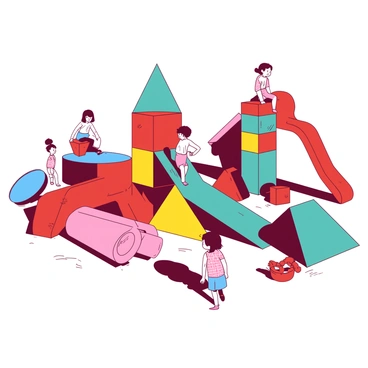 A group of children is playing on a playground filled with large, colorful geometric toys. The toys include vibrant red cubes, yellow triangles, and teal circles that children are stacking and arranging. One child is climbing on a blue rectangular prism, while another is rolling a pink cylinder across the ground. The playground features various constructivist elements, such as asymmetrical climbing structures and curved slides that invite exploration. Sunlight casts playful shadows around the area, enhancing the joyful atmosphere of the scene.