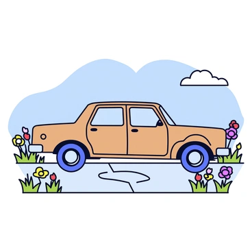 An old, rusted car is parked on the side of a deserted road. The car has faded paint and visible patches of rust, with its wheels slightly sunk into the ground. Surrounding the car, there are vibrant wildflowers in various colors such as yellow, purple, and red, flourishing along the edges of the road. The road itself is cracked and overgrown with grass, adding to the scene's sense of abandonment. In the background, there is a clear blue sky with a few fluffy white clouds.