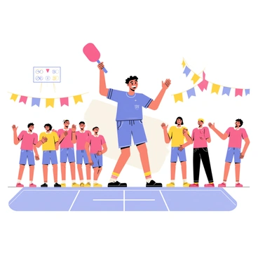 A player celebrating a victory stands with a wide smile on their face. They hold a bright red paddle raised high above their head. The player is wearing a blue sports jersey and shorts. In the background, a scoreboard shows a winning score. Their teammates are gathered around, cheering and clapping with excited expressions. The court is marked with white lines, and there are colorful banners hanging from the walls.