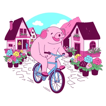 A pink pig is confidently riding a blue bicycle down a cobblestone path in a quaint village. The pig has a joyful expression, with its little ears flapping in the wind. Surrounding the path, there are colorful flower beds filled with vibrant blooms in various shades. Charming cottages with thatched roofs and window boxes overflowing with flowers line the streets. A clear sky overhead hints at a lovely day, and a few curious villagers can be seen watching the pig as it pedals by.
