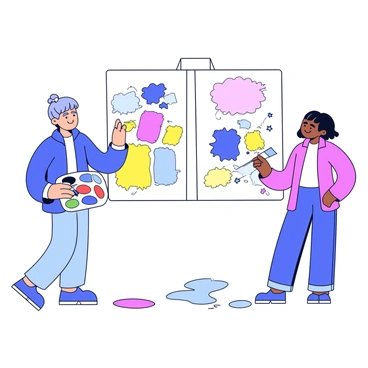 Two artists are standing side by side in front of a large rectangular canvas. One artist is using a palette of vibrant colors, applying bold strokes with a brush. The other artist is using softer tones and a smaller brush to add delicate details. There are paint splatters on the floor around them, showcasing their creative process. The canvas shows an evolving illustration that combines both of their styles, with distinct sections representing each artist’s approach.