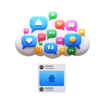 A fluffy cloud composed of varied comment bubbles in different colors and sizes. The comment bubbles display various symbols and icons, representing likes, shares, and reactions. This cloud is hovering directly above a social media post, which features a simple image and text caption. The overall composition showcases a dynamic interaction between the comment cloud and the post below.