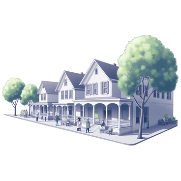 A street scene featuring several antebellum houses with distinctive architectural details. The houses have large porches with intricate railings and are adorned with multiple windows and shutters. People are walking along the sidewalk, engaged in conversation. Some are seated on benches lining the street. Lush greenery is present, with trees providing shade over the area. The atmosphere conveys a sense of activity and charm, highlighting the historic elements of downtown.