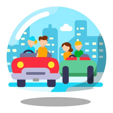 Cartoon characters in vintage cars racing through a cityscape with tall buildings and lively streets.