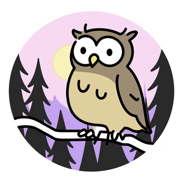 An old owl with mottled brown feathers and large, wise eyes is perched on a gnarled branch. The branch extends from a sturdy tree in a dense forest. The forest is filled with silhouettes of tall trees and a soft gradient of colors, suggesting dusk, with hints of purple and orange in the sky. The owl is attentively overlooking the forest, its head slightly turned as if observing the surroundings.