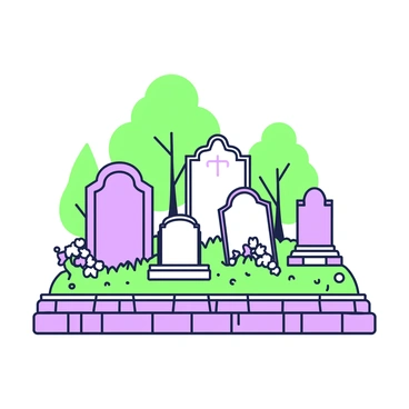 A family plot features several tombstones of varying shapes and sizes. Each tombstone is adorned with intricate carvings and inscriptions. The stones are arranged closely together, with some standing upright while others are slightly tilted. Surrounding the plot is a low stone wall made of weathered stones, providing a boundary for the area. Lush grass grows within the plot, and small flowers bloom in clusters near the base of the tombstones. In the background, there are a few trees with broad canopies, adding a touch of greenery to the scene.