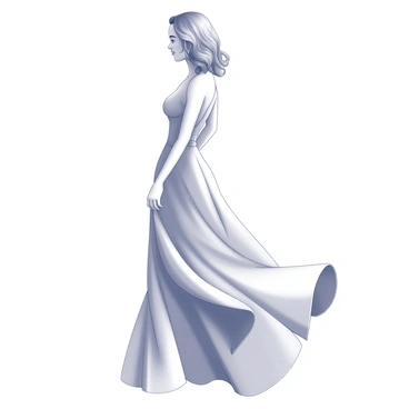 A figure dressed in a flowing gown that cascades elegantly to the floor. The gown features soft, billowing layers that create a sense of movement. The model's posture is graceful, with one arm raised slightly, allowing the fabric to drape naturally. The hairstyle is styled in gentle waves, adding to the fluidity of the overall look. The illustration captures the silhouette of the outfit, emphasizing its delicate design and shape.