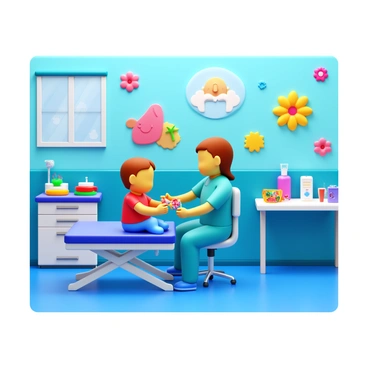 A pediatric nurse wearing scrubs is performing a capillary puncture on a calm child sitting on an examination table. The child has a gentle expression and is focused on a colorful toy in their hands. The clinic room is bright and cheerful, with walls adorned with colorful murals of animals and flowers. Various medical instruments are organized neatly on a nearby table, and there are playful decorations throughout the room, creating a welcoming atmosphere.