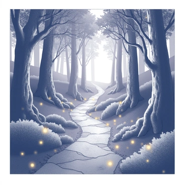 A narrow, winding path meanders through a dense forest filled with towering trees. The path is bordered by lush underbrush, and scattered among the foliage are small, flickering lights resembling fairies. These lights emit a gentle glow, creating a whimsical atmosphere. The trees have gnarled branches and textured bark, adding to the enchanted quality of the scene. The ground along the path is uneven, covered with fallen leaves and small stones, while the air is filled with a sense of mystery and wonder.