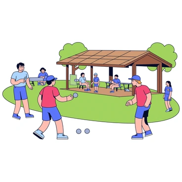 A community petanque pavilion with a wooden structure and a sloping roof. Underneath the pavilion, several players are engaged in a game of petanque. One player, wearing a red shirt, is poised to throw a silver boule towards the target ball, which is white. Another player, dressed in a blue cap and shorts, stands with a measuring tool in hand, checking the distance. The pavilion is surrounded by green grass and trees, with a few spectators sitting on benches, watching the game unfold. An open area near the pavilion has petanque balls scattered on the ground.