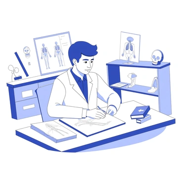 A medical student is seated at a desk in a classroom, focusing intently on a sketchbook. The student is wearing a white lab coat and has a pencil in hand, carefully drawing detailed anatomical structures. On the desk, there are various anatomy textbooks open, showing diagrams of human anatomy. In the background, there are anatomical models displayed on shelves, including a skeleton and organ replicas. The classroom has bright overhead lights and blank walls that create a study-friendly environment. The student's expression is concentrated, illustrating a dedication to their studies.