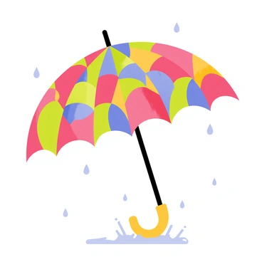 A large, colorful umbrella is made up of multiple pinwheels, each featuring bright patterns in shades of red, blue, yellow, and green. The umbrella is open wide, showcasing its pinwheel segments arranged in a circular formation. Light droplets of rain are falling from the sky, creating small splashes as they hit the ground beneath the umbrella. The scene has a playful atmosphere, with the pinwheels gently spinning in the breeze, adding a sense of movement to the image.