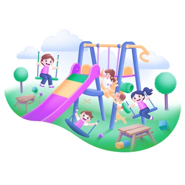 A lively playground scene featuring several children. Some children are swinging back and forth on swings, their faces radiant with joy as they laugh. A group of kids is climbing up a colorful slide, while others are sliding down with expressions of exhilaration. Surrounding the playground are vibrant trees and a clear blue sky. There are also scattered toys and a picnic area nearby, adding to the playful atmosphere.