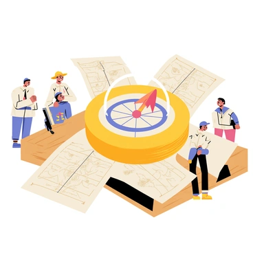 A magical compass with a circular, ornate design featuring a shimmering gold rim. The center of the compass is a translucent glass dome that displays a vibrant, glowing needle that moves in various directions. Surrounding the compass, there are several small, animated pages that flutter and change direction, each displaying intricate maps and mystical symbols. The compass rests on a wooden surface, with a soft glow emanating from it, illuminating the details of the maps. Explorers are depicted in the background, gazing intently at the compass as they prepare for their adventures.