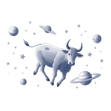 A cow is floating in the vastness of space. Its body is depicted in a monochrome style, with intricate details emphasizing its features. Surrounding the cow are numerous stars, each represented by distinct shapes and sizes, creating a sense of depth. Various planets of different sizes orbit in the background, showcasing unique textures and patterns on their surfaces. The emptiness of space contrasts with the detailed elements, adding to the surreal nature of the scene.