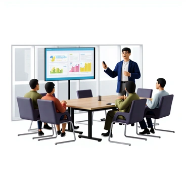 A confident employee with short black hair, wearing a navy blue blazer and a white shirt, stands in front of a large screen. The employee is holding a remote control in one hand while gesturing with the other hand to emphasize a point. The screen displays colorful graphs and data points related to a project. The conference room is modern with a long rectangular table, several chairs, and large windows allowing natural light to fill the space. A few colleagues are seated at the table, attentively listening and taking notes.